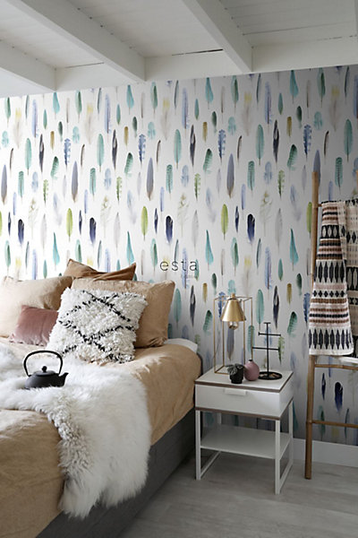 ESTAhome papier peint intissé XXL plumes vert, bleu et beige 50 x 900 cm