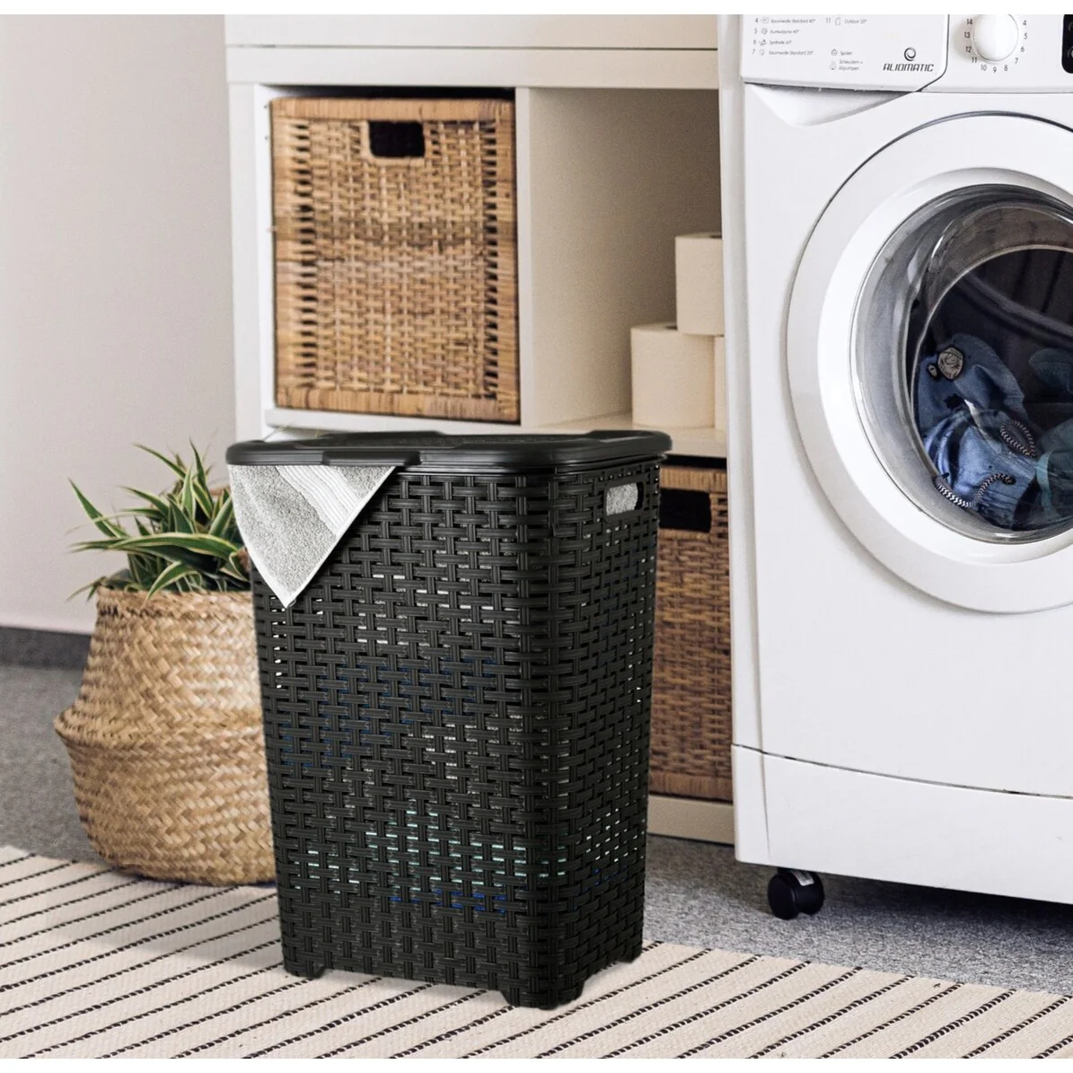 Superio Plastic Wicker Laundry Hamper with Lid Large Capacity - Capacity: 60l