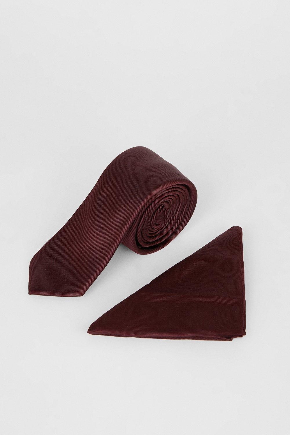 Burton Burgundy Plain Tie And Pocket Square Set