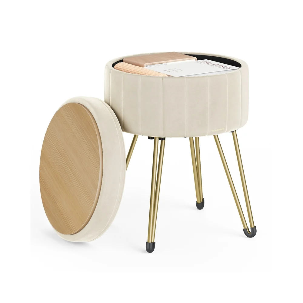 Tabouret rond en velours avec espace de rangement
