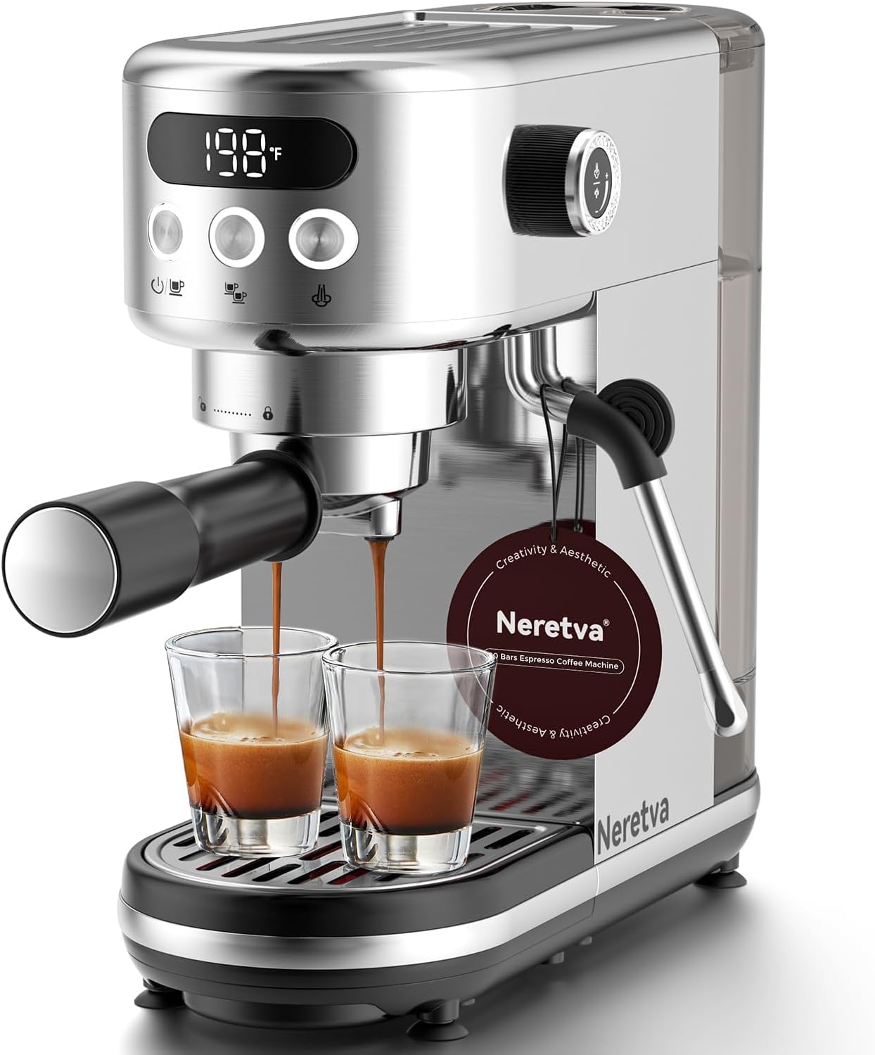 Neretva Espresso Machine 20 Bar, Super Compact Espresso Maker Stainless Steel Professional Coffee Machine Espresso with Power Steam & LED Display for Home Barista Latte and Cappuccino Maker-Silver