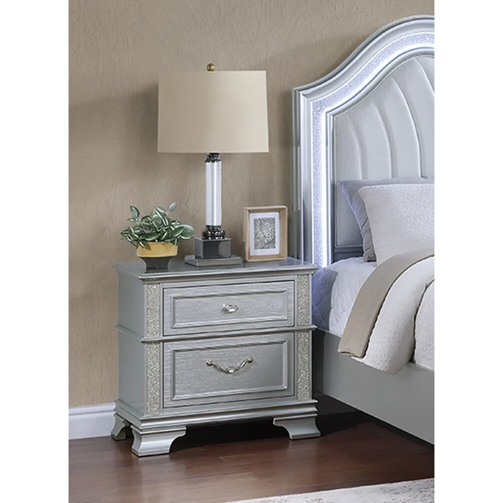 Elegance 2-Drawers Nightstand Decorative Glitter Front 1pc Bedside Table Bedroom