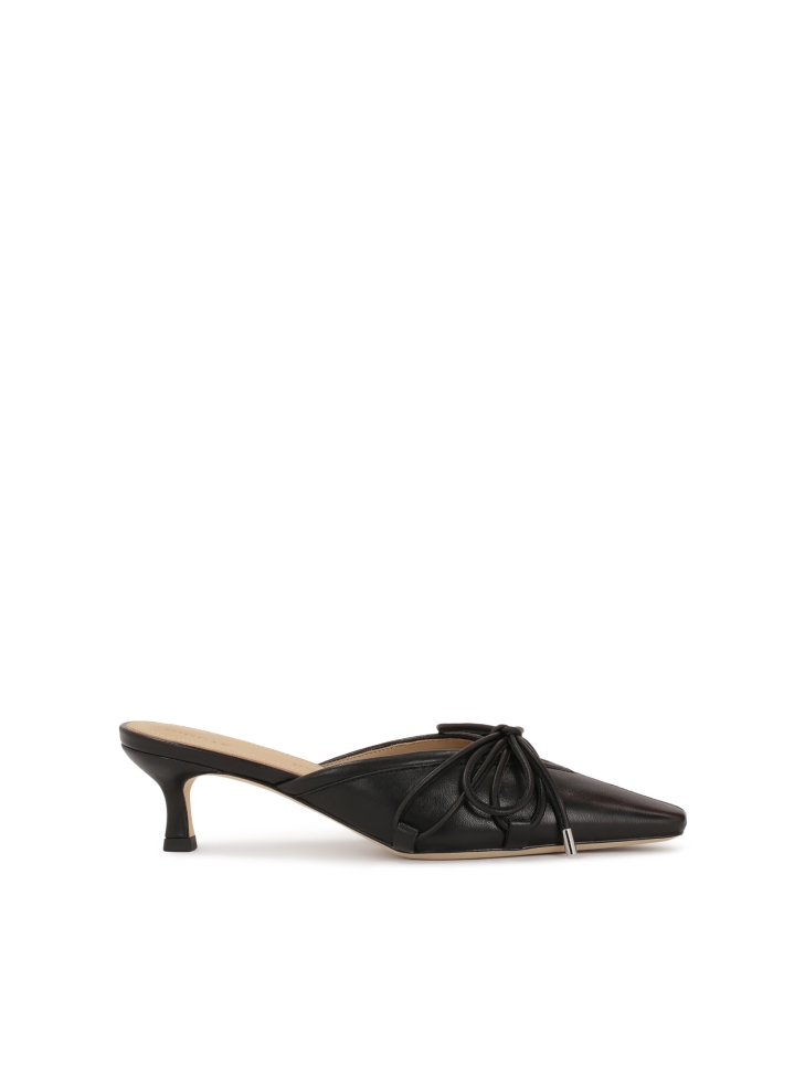 Black heeled mules with built in front and bow detail