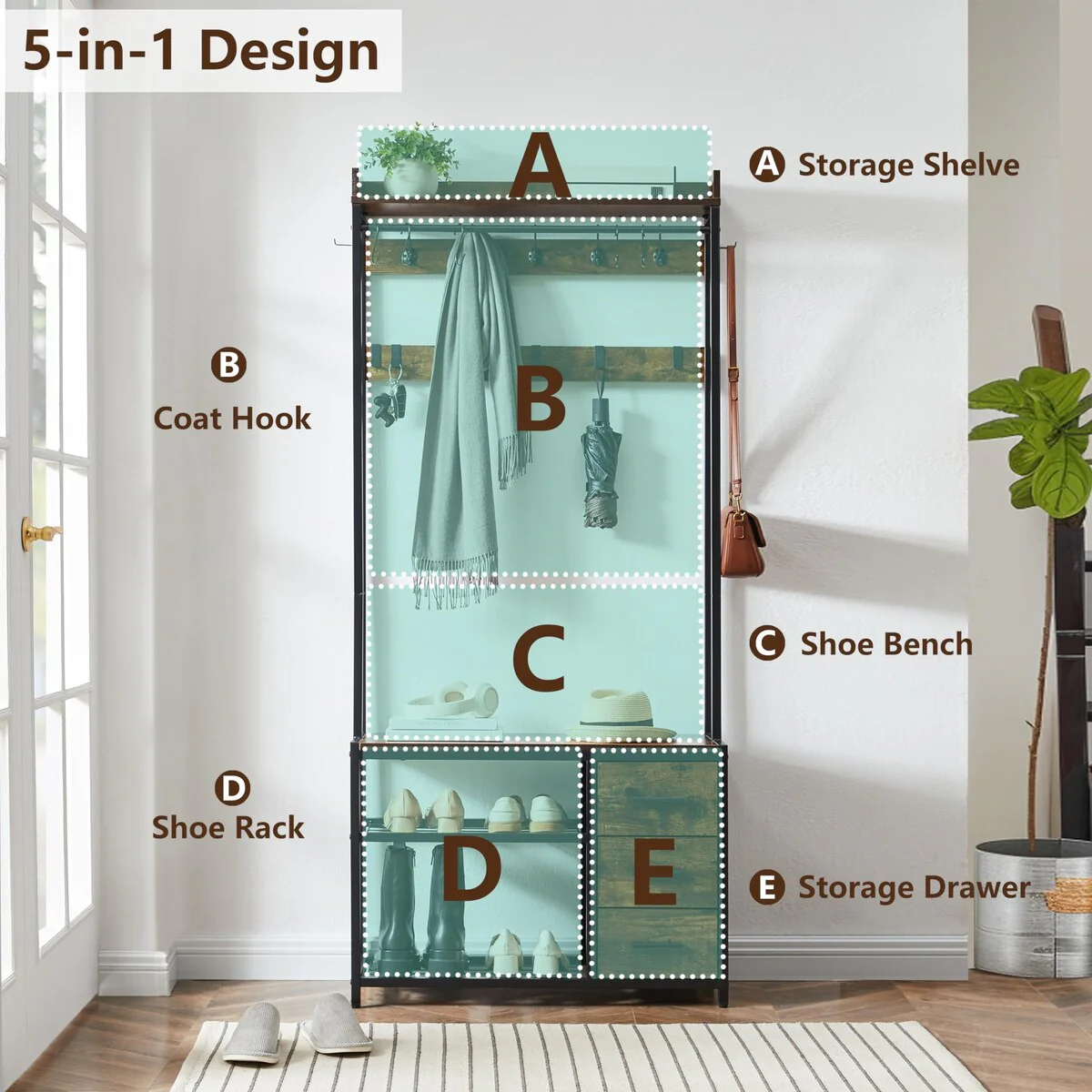 5-in-1 Coat Rack with Bench and Shoe Storage, Hall Tree with Entryway Bench and Shelve, Coat Rack with 17 Hooks and 3 Drawers