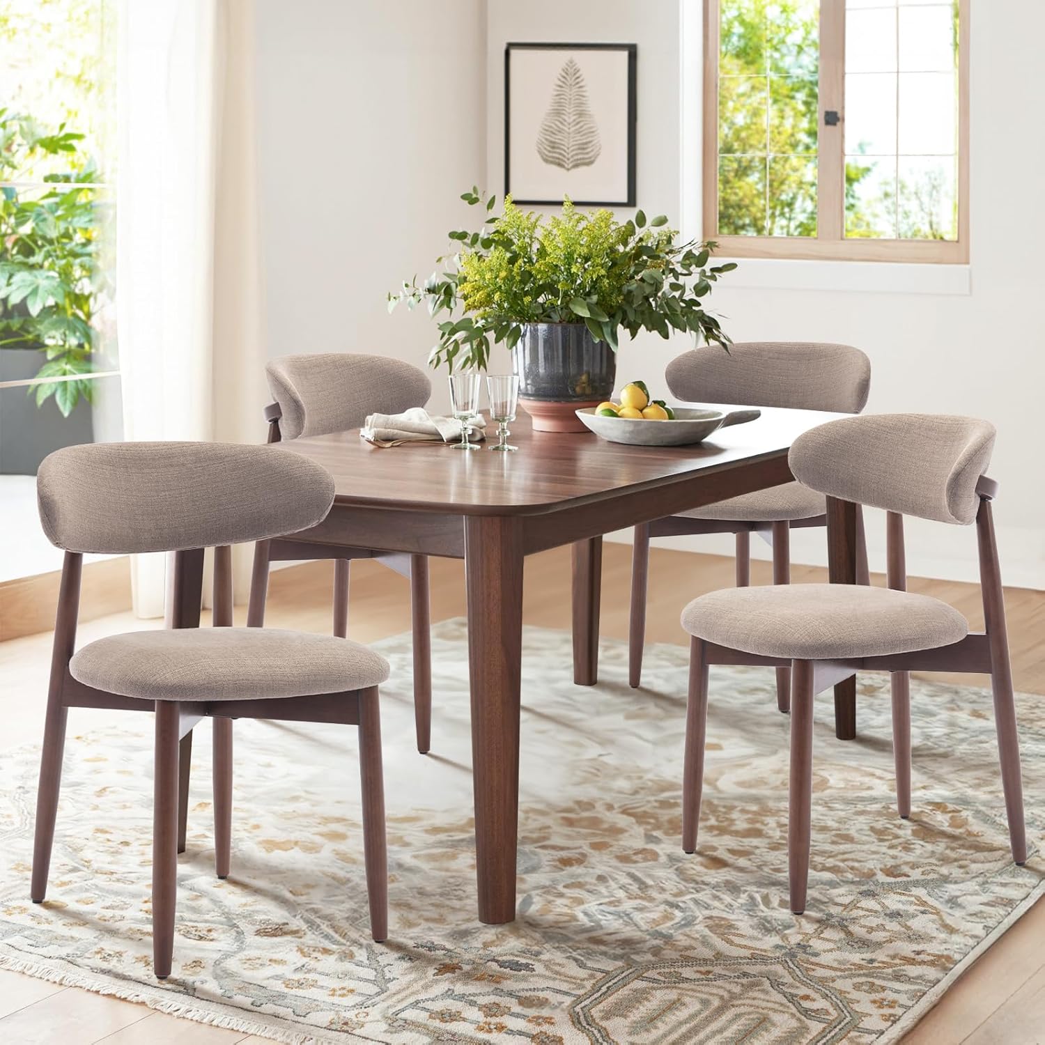 COLAMY Wooden Dining Chairs Set of 4, Modern Fabric Upholstered Dining Room Chair, Farmhouse Kitchen Chairs with Foot Pegs, Camel