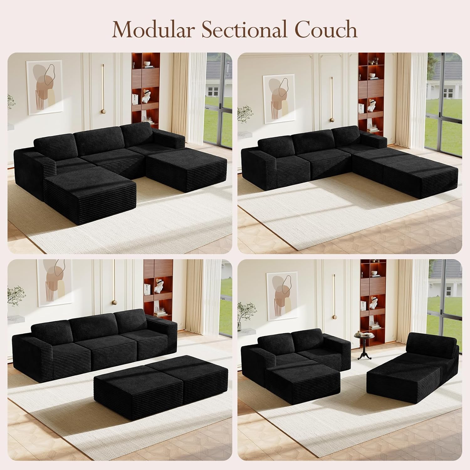 Vesgantti 119 Oversized U-Shaped Modular Sectional Sofa, Corduroy Cloud Couch with Deep Seating & Spring Support, Convertible Sofa with 2 Ottomans, Boneless Couch, No Assembly Required, Black