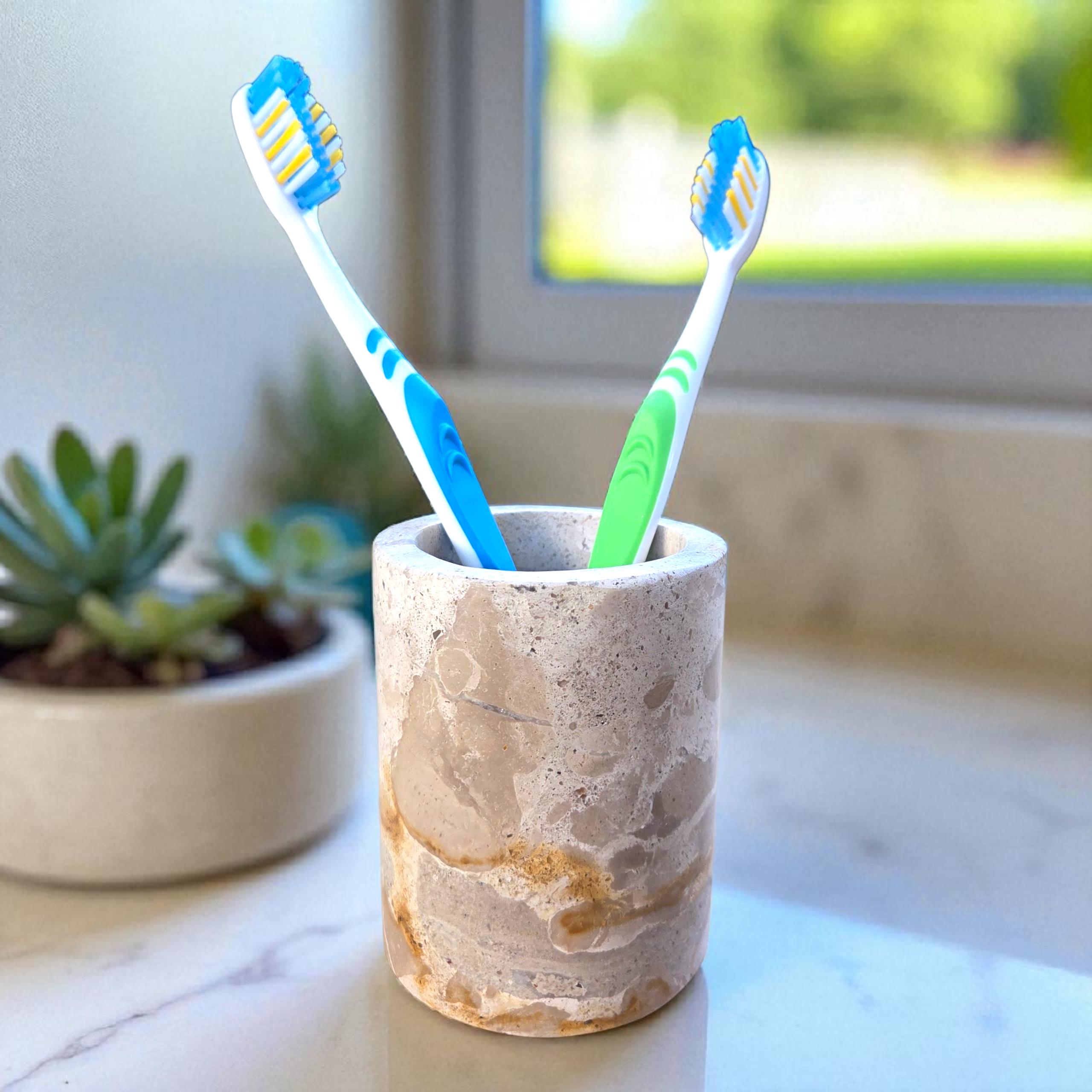 Beige Marble Toothbrush Mug | Natural Stone Pot | Makeup Brush Holder | Bathroom Organiser