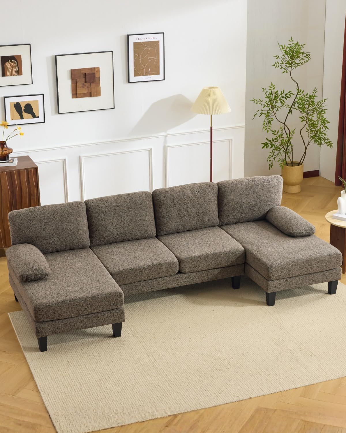Karl home 110 U-Shape Sectional Couches for Living Room Chenille Upholstery 4 Seat Sofa Set with Double Chaises & Wood Grain Legs for Apartment, Brown