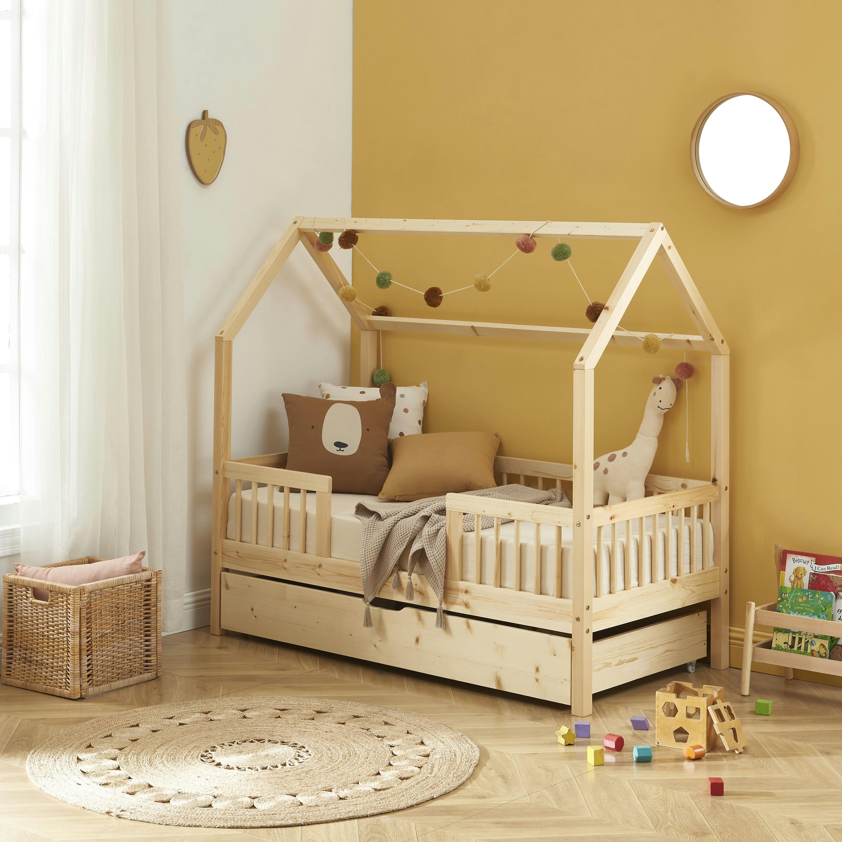 TINY - Lit cabane avec barrières  pin massif 70x140 sommier + tiroir