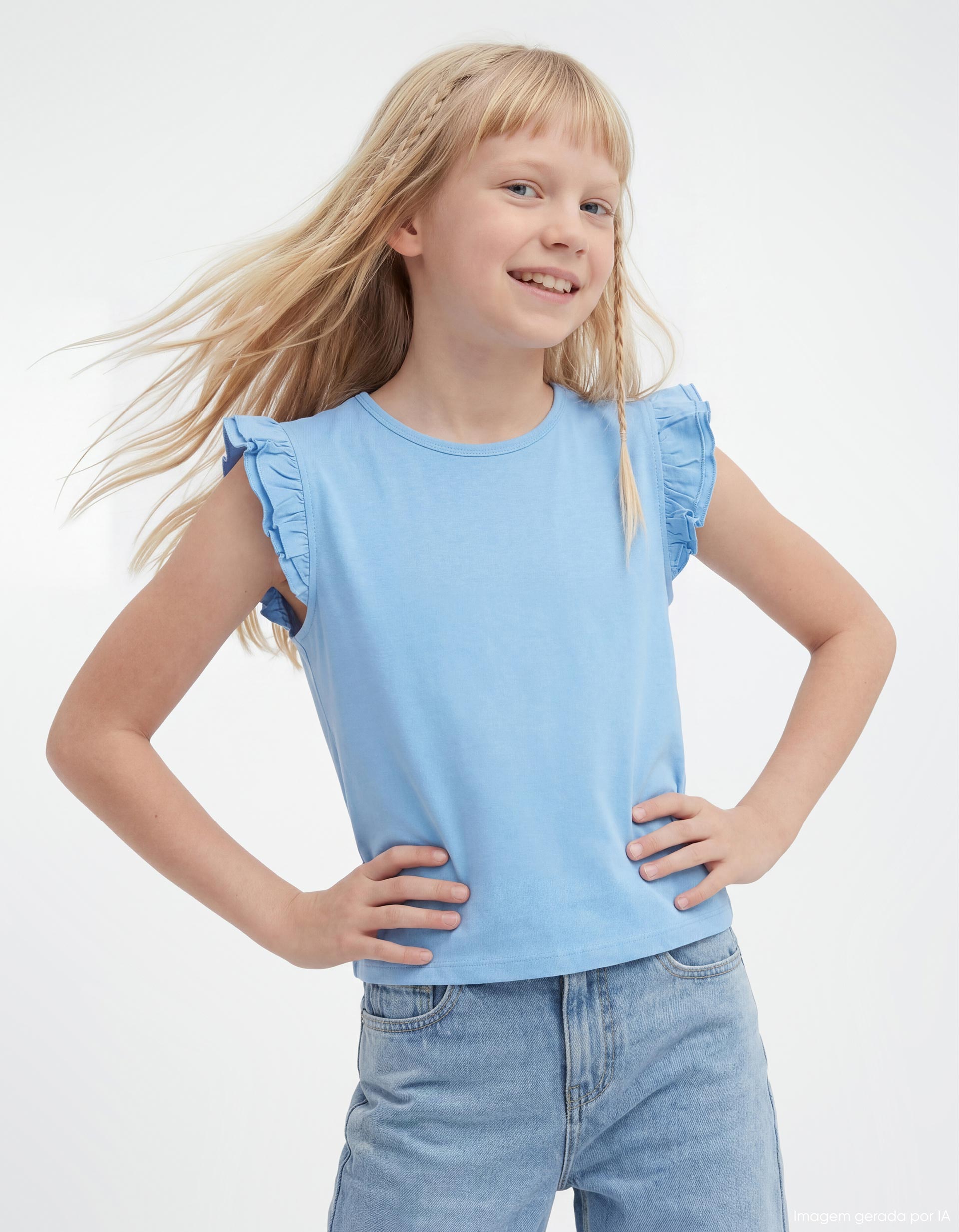 T-shirt Folhos, Menina, Azul Claro