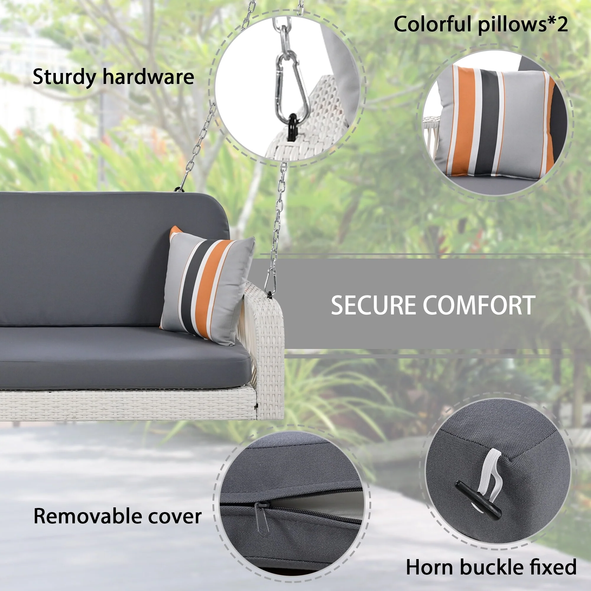 PE Wicker Porch Swing with 2-Seater , Includes Cushions and Pillows