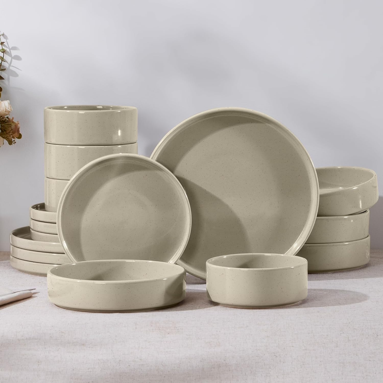 E-far 16-Piece Plates and Bowls Sets - Stoneware Dinnerware Sets with Pasta Bowls for 4 | Microwave & Dishwasher Safe Kitchen Modern Dish Set, Speckled Khaki