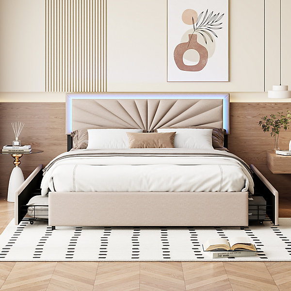 Lit Double 160 X 200 Cm Avec 4 Tiroirs, Cadre De Lit Avec LED Et Sommier à Lattes, Lin, Beige