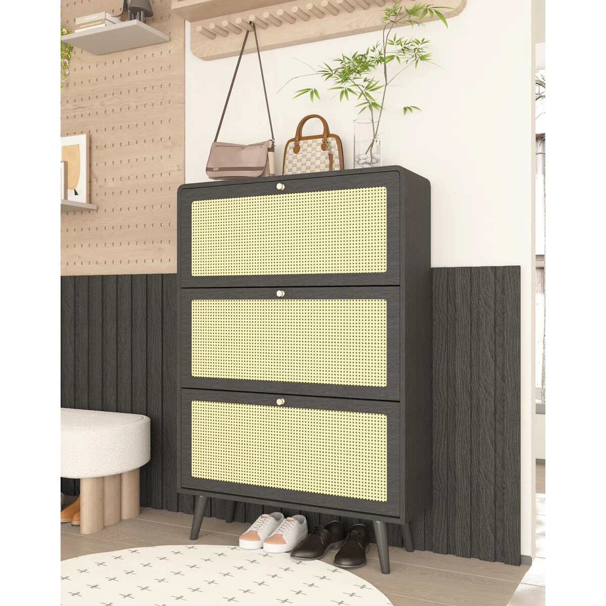 Rattan Narrow Shoe Cabinet with 3 FILP Drawers, Freestanding Shoe Storage Organizer, Modern Shoe Organizer Cabinet for Entryway