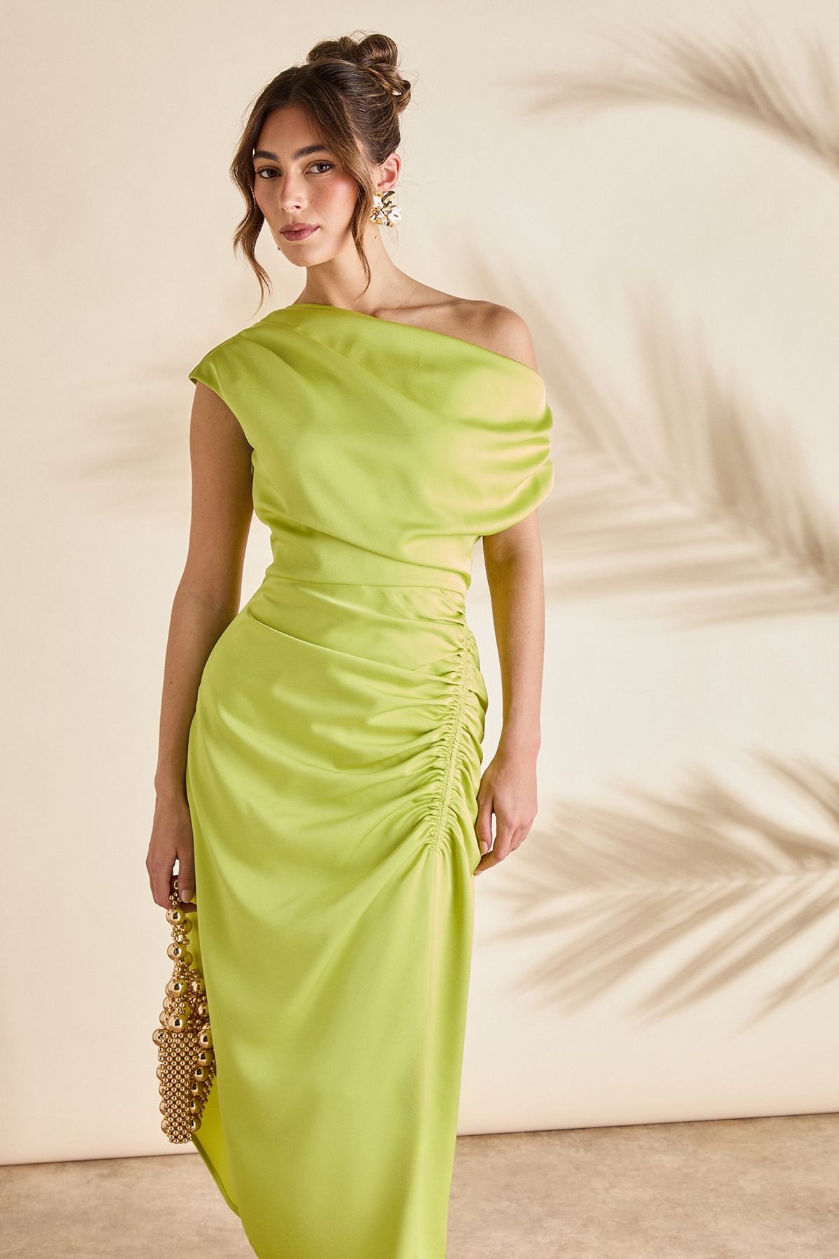 Coast Satin Ruched One Shoulder Asymmetric Hem Midi Dress