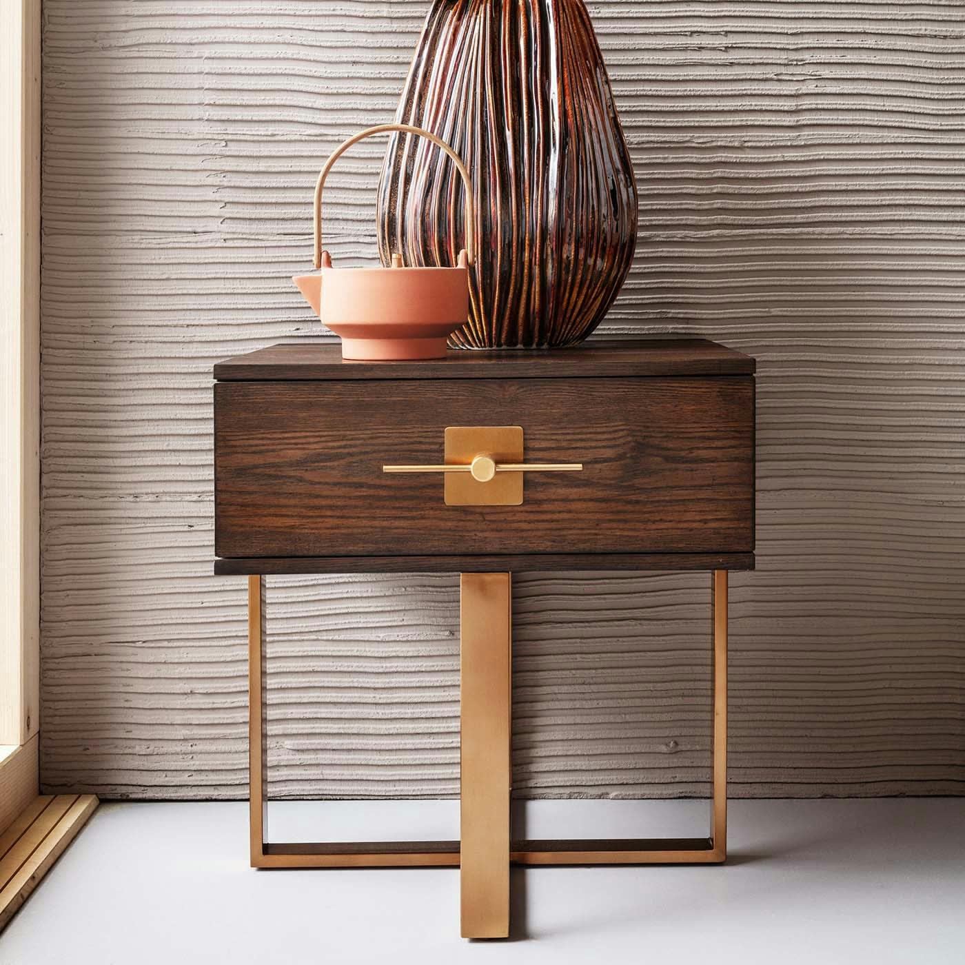 OSAKA - Table de chevet 1 tiroir rétro marron et acier doré