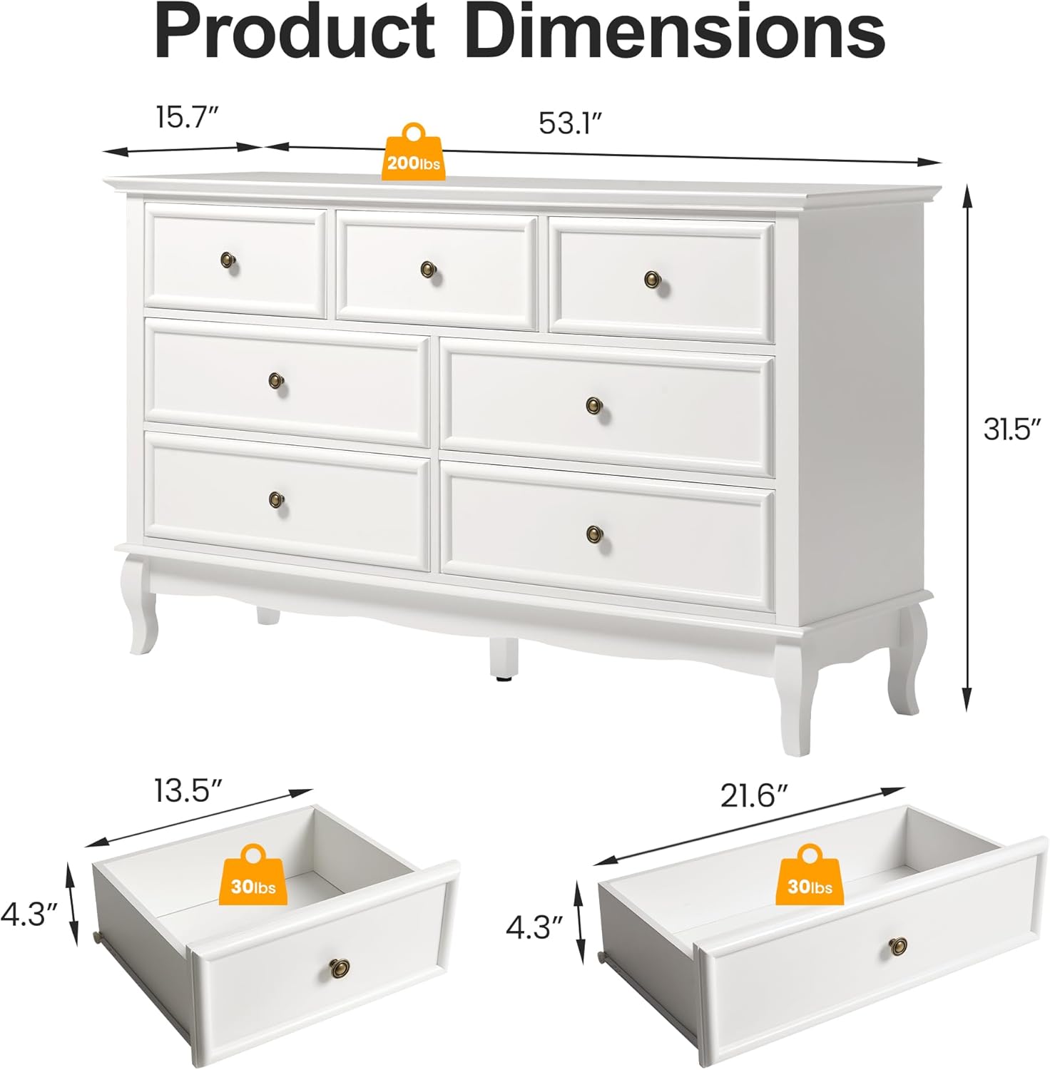 RoyalCraft 53 Wide 7 Drawer Dresser, White Dresser for Bedroom, Modern White Chest of Drawers with Solid Wood Legs and Painted Finish, Wooden Storage Closet Cabinet Organizer for Hallway, Living Room