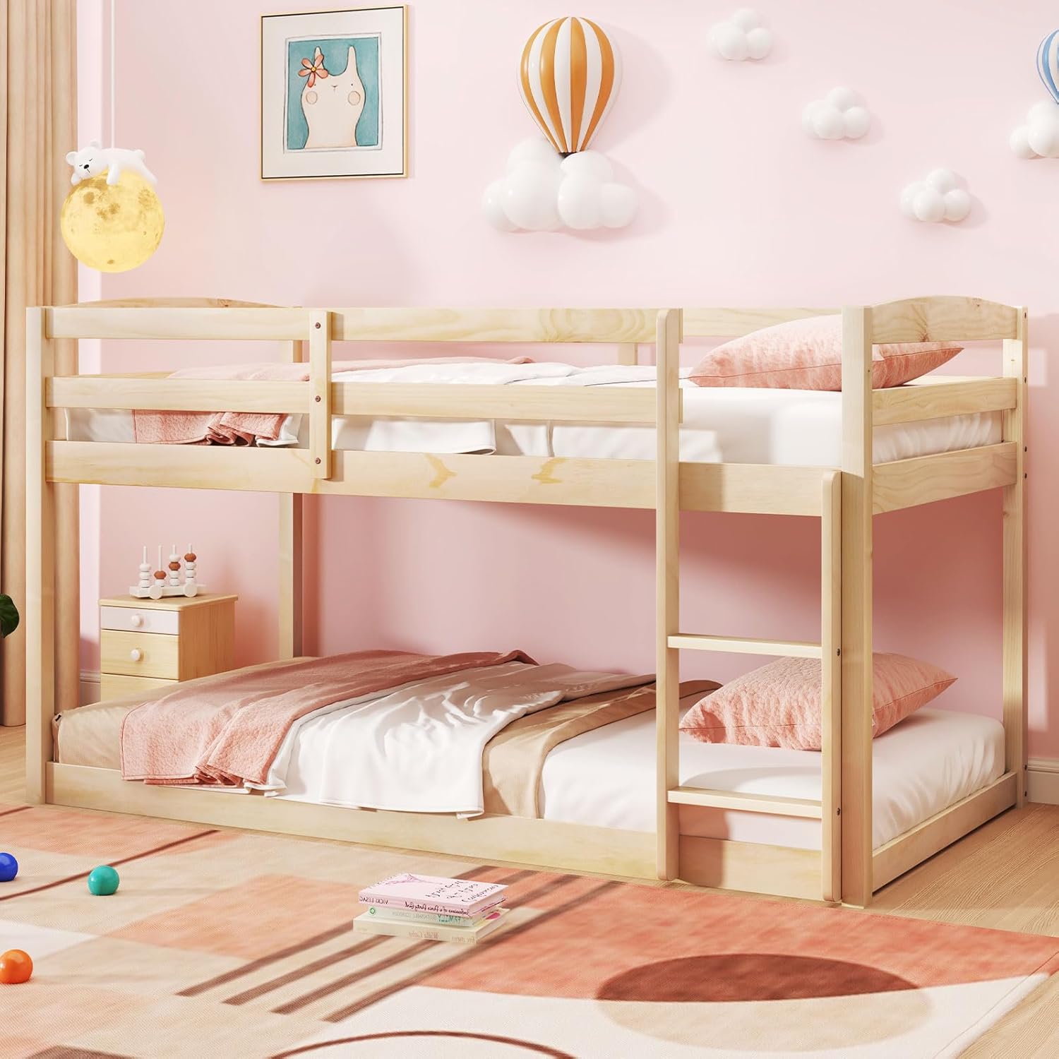 Giantex Twin Low Bunk Bed, Solid Wood Twin Over Twin Bunk Bed Frame with Full Guardrails & Integrated Ladder, Floor Twin Bunk Beds for Kids Boys and Girls, No Box Spring Needed, Natural