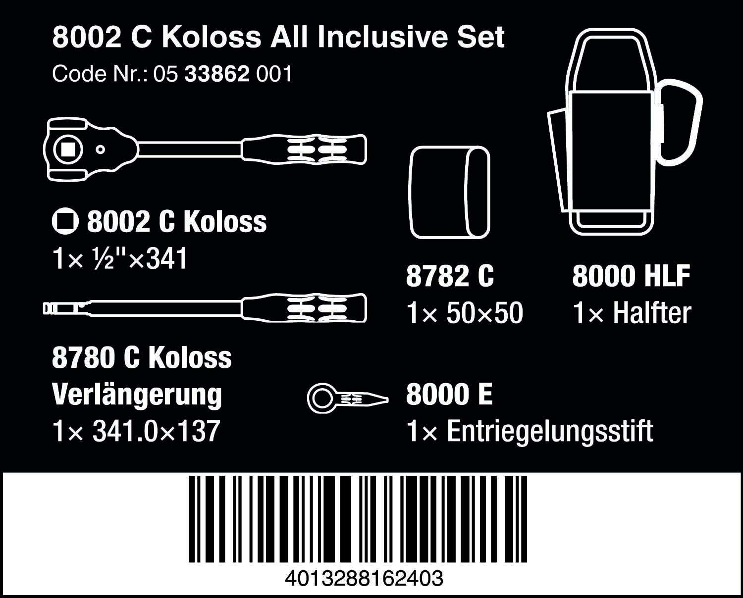 WERA 05133862001 8002 C Koloss All Inclusive Set with 1/2 Drive, 5 Pieces