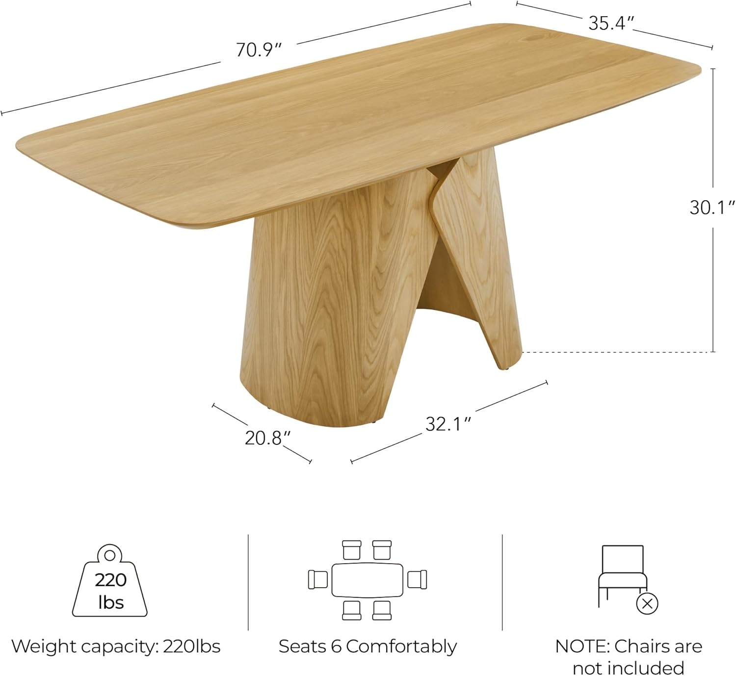CHITA 71 Modern Dining Table for 6-8, Rectangle Dining Table with Bentwood Legs, Wood Dinner Table for Kitchen & Dining Room, Oak Venner
