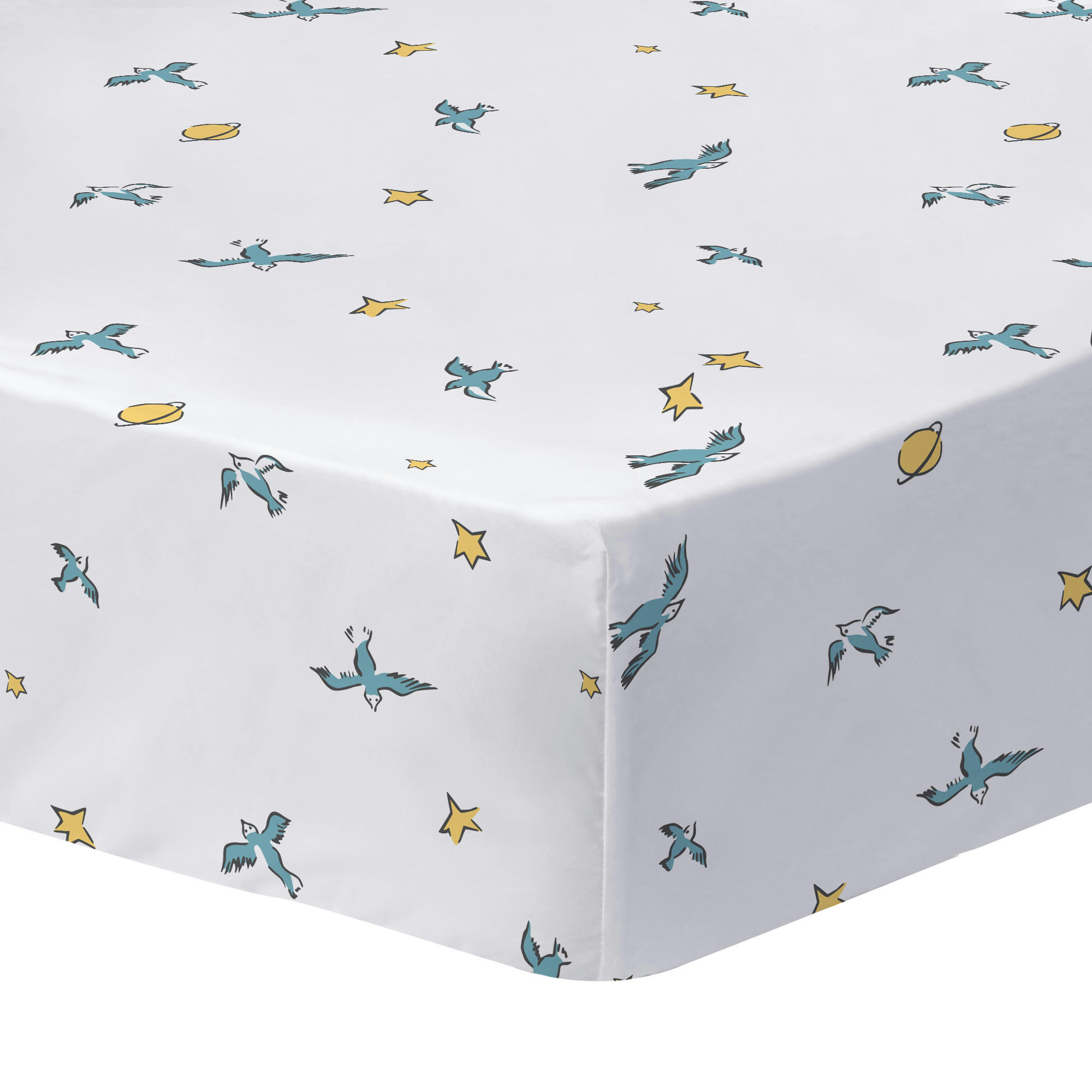 LE PETIT PRINCE BIRDS - Drap-housse imprimé en coton Blanc 90x190/200cm - Bonnet 30cm
