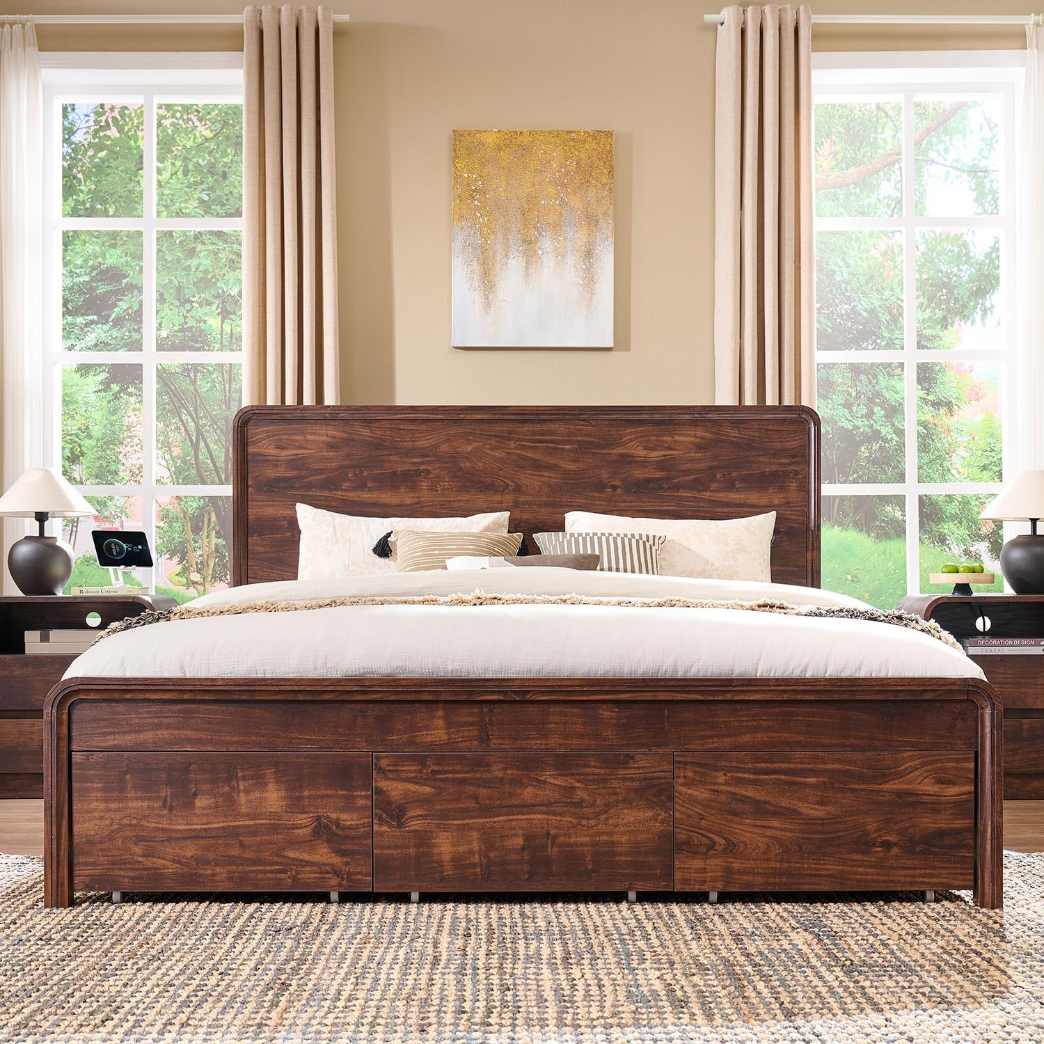 Modern King Size Bed Frame with 50 Tall Headboard, Wood King Size Platform Bed Frame w/3 Storage Drawers, Curved Profile Design, No Box Spring Needed, Easy Assembly, Noise Free, Dark Walnut