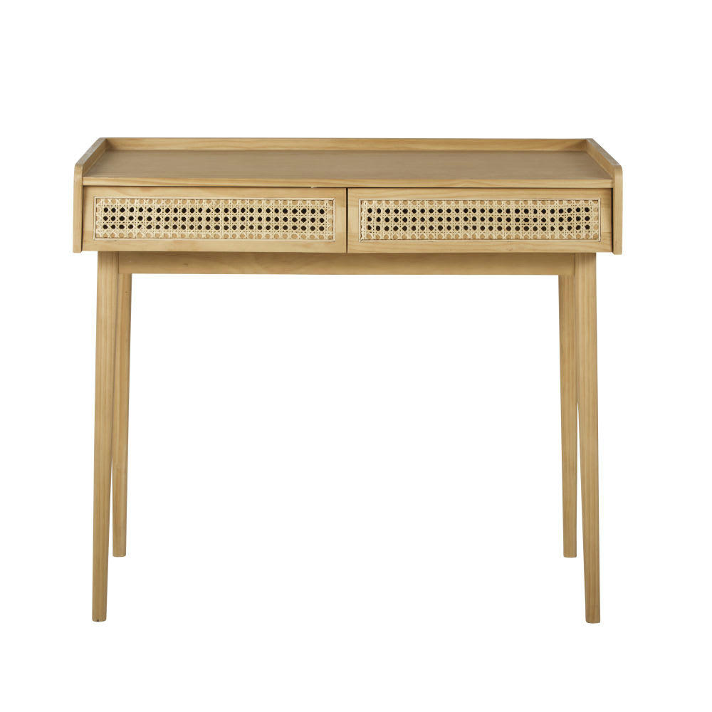 Suzelle - Bureau vintage 2 tiroirs en pin et cannage en rotin