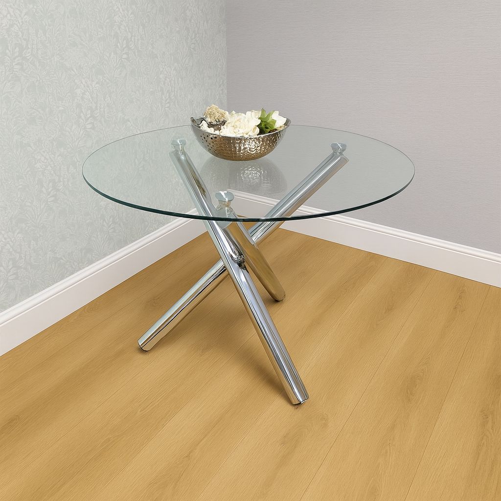 KOSY KOALA Round Clear Glass Dining Table With 4 Grey Gem Pattern Chairs