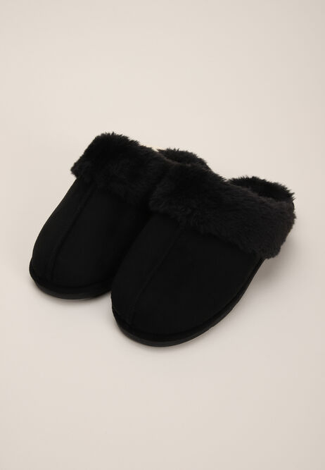 Womens Black Fluffy Premium Mule Slippers
