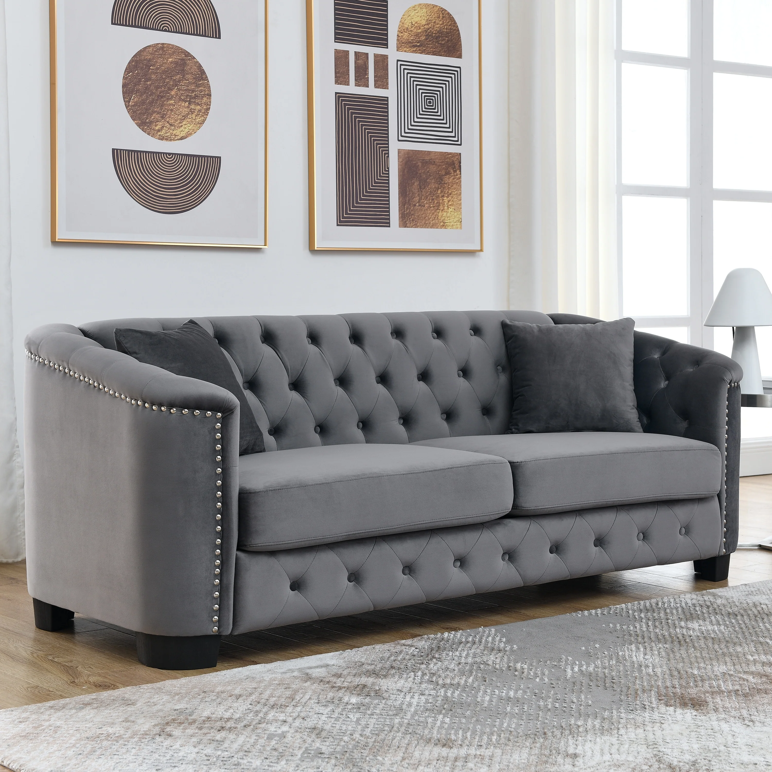 Grey 77'' Modern Velvet 3-Seater Sofa with Tufted Backrests and Nailhead Trim