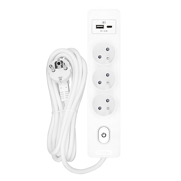 Multiprise SELDUR G3FU22B, 3 prises type E   interrupteur, USB A C charge standard 12W, Blanc, câble 2m