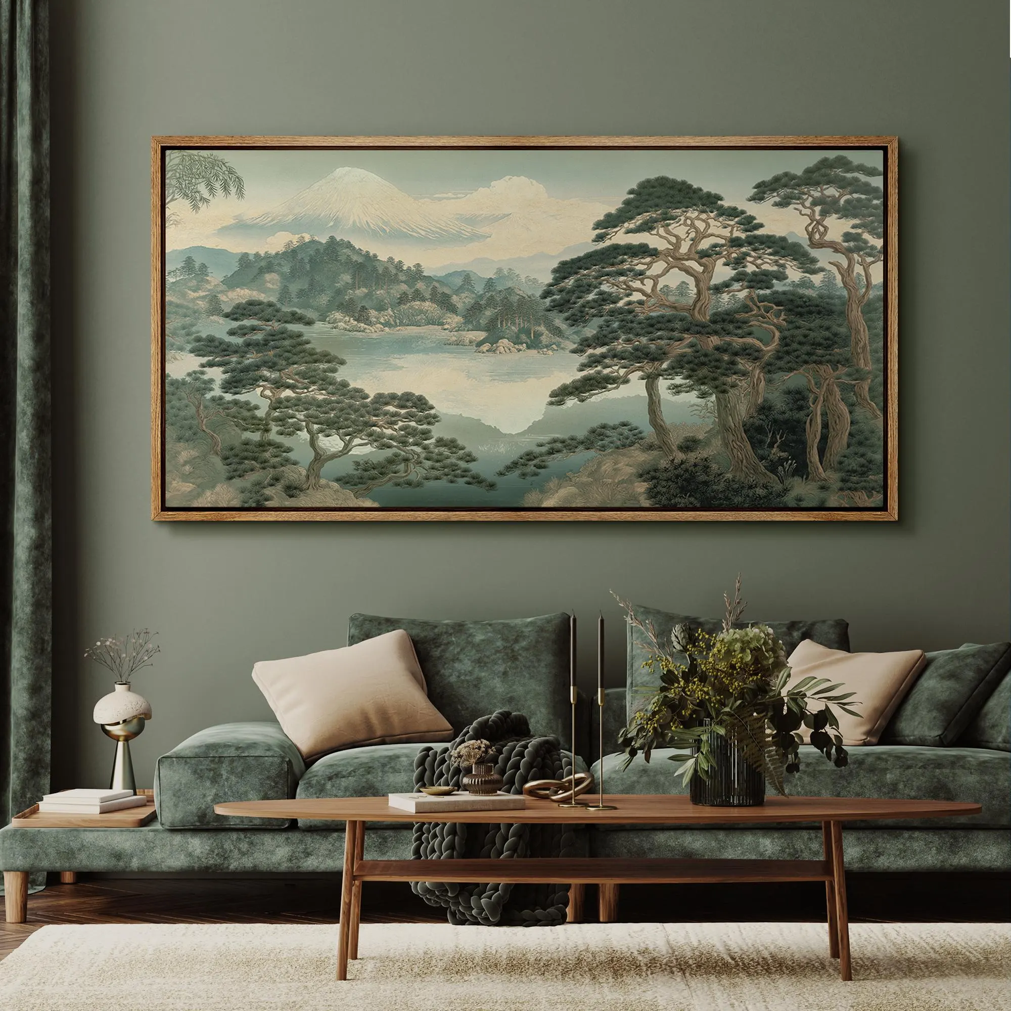 Large Framed Japanese Landscape Wall Art, Mount Fuji Canvas Print, Vintage Asian Nature Artwork, Zen Scenic Decor