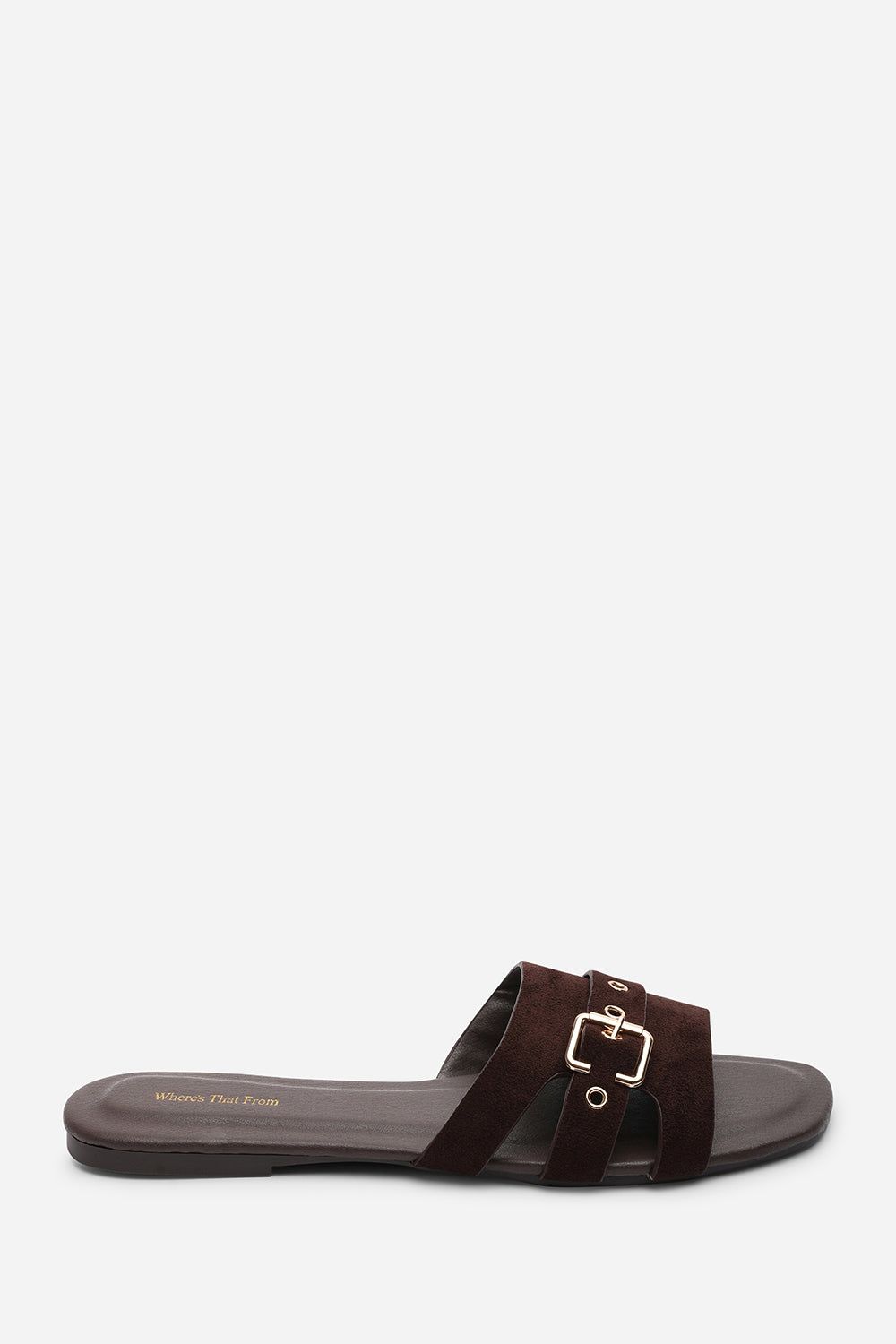 Where's That From Alvita' Buckle Slide on Flat Suede Sandal