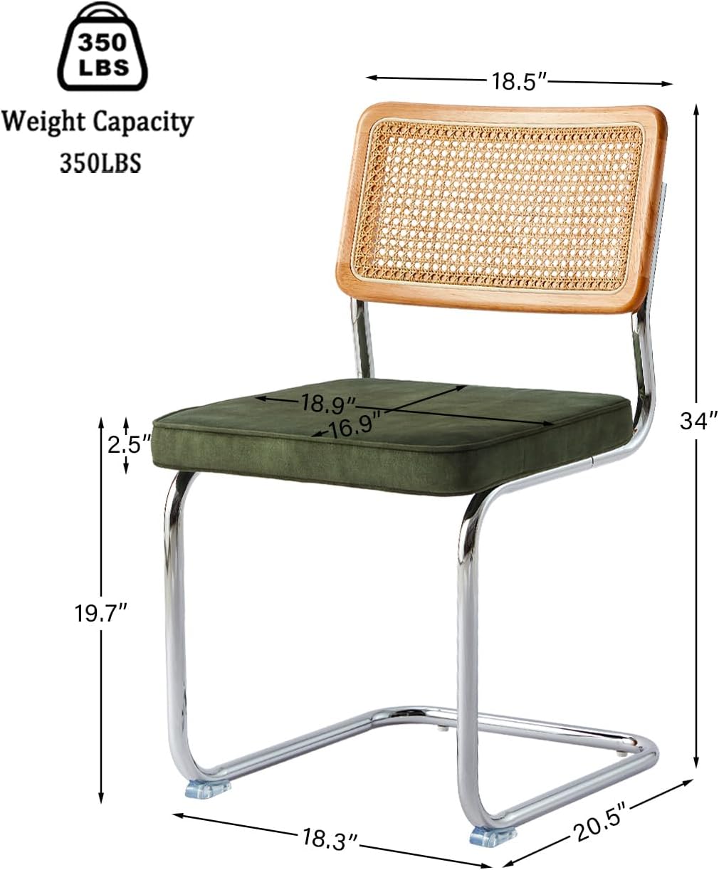 Green Rattan Dining Chairs Set of 4, Wooden Mid Century Modern Dining Room Chairs, Mesh Back Cane Kitchen Chair, Cesca Design Chairs with Metal Chrome Legs