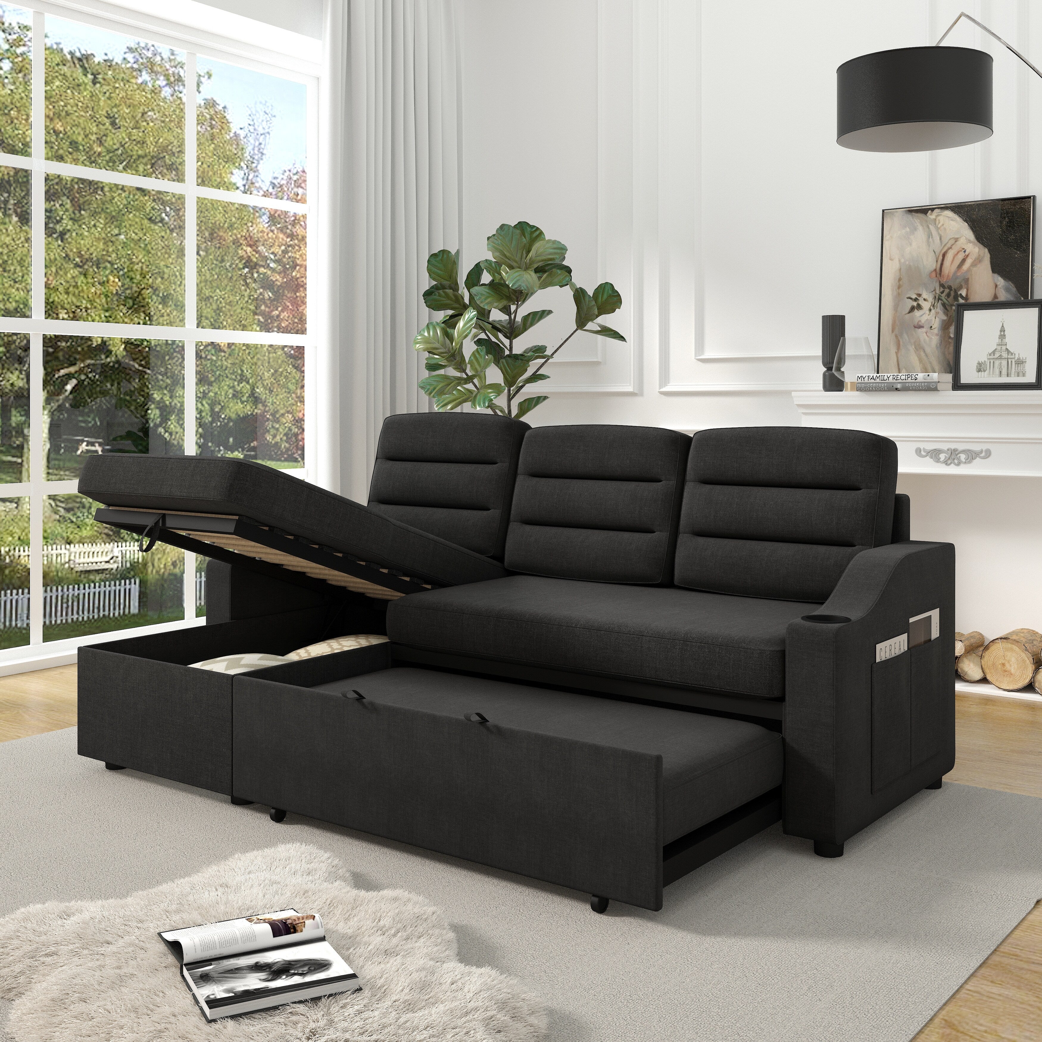 Black 83.5'' Polyester Sleeper Sofa Couch, 3-Seater with Pull-Out Bed, Storage Recliner, Cup Holder, and Side Pockets