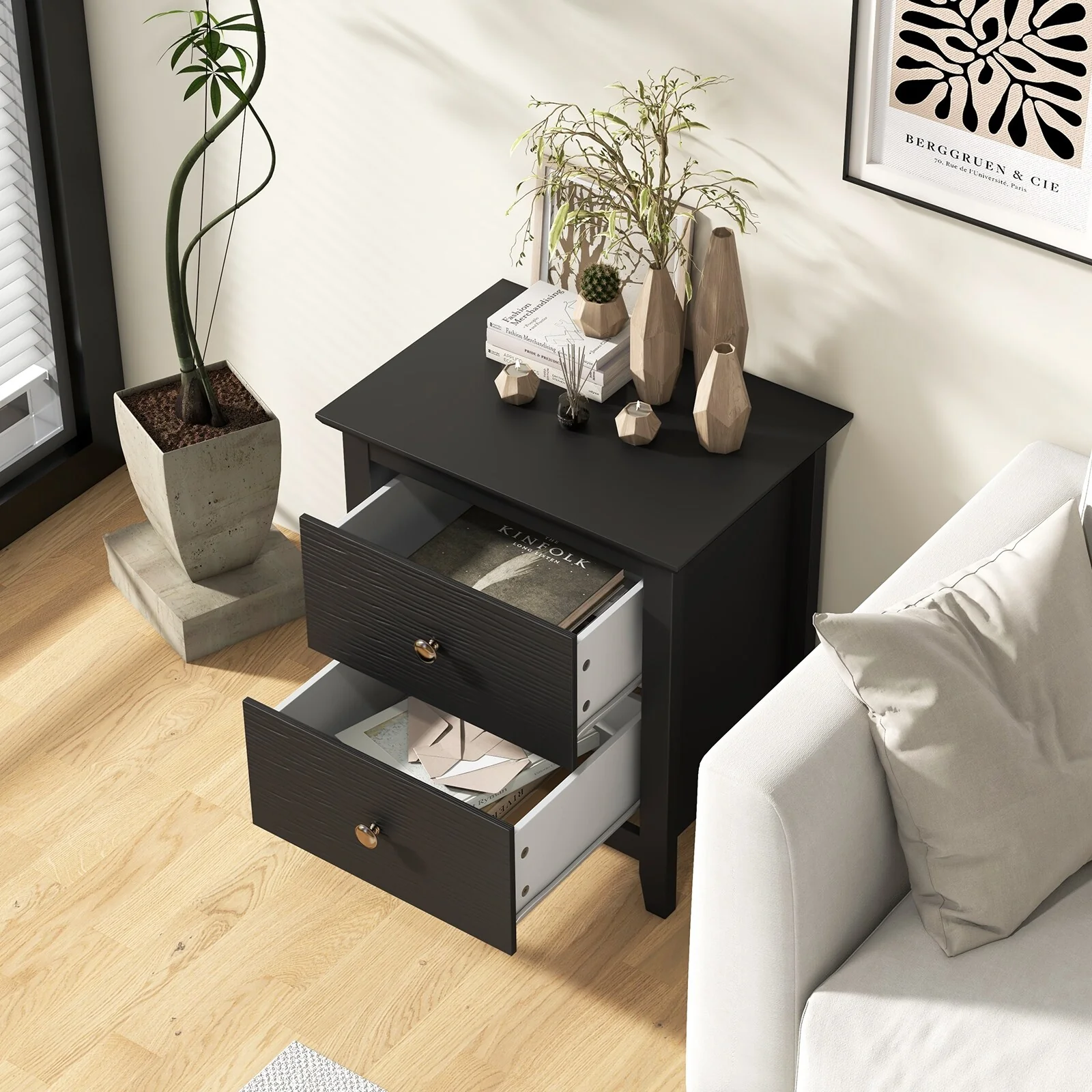 Gymax Modern Nightstand w/ Storage 2 Drawers & Support Legs for