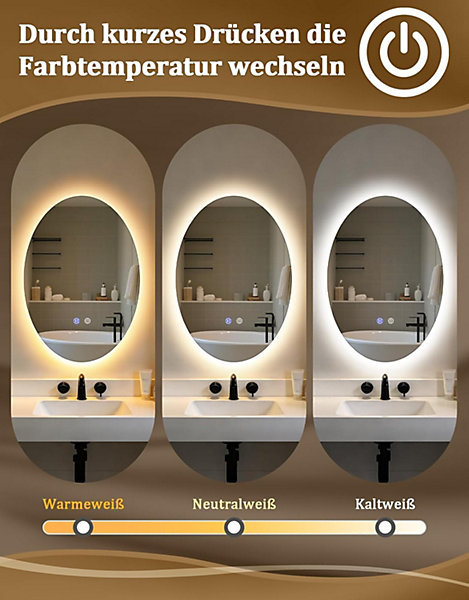 Nettlife Miroir Salle de Bain Ovale LED 60x80cm, Tactile, Antibuée, Dimmable 3000-6500K, IP44, Mural, Lumineux Design