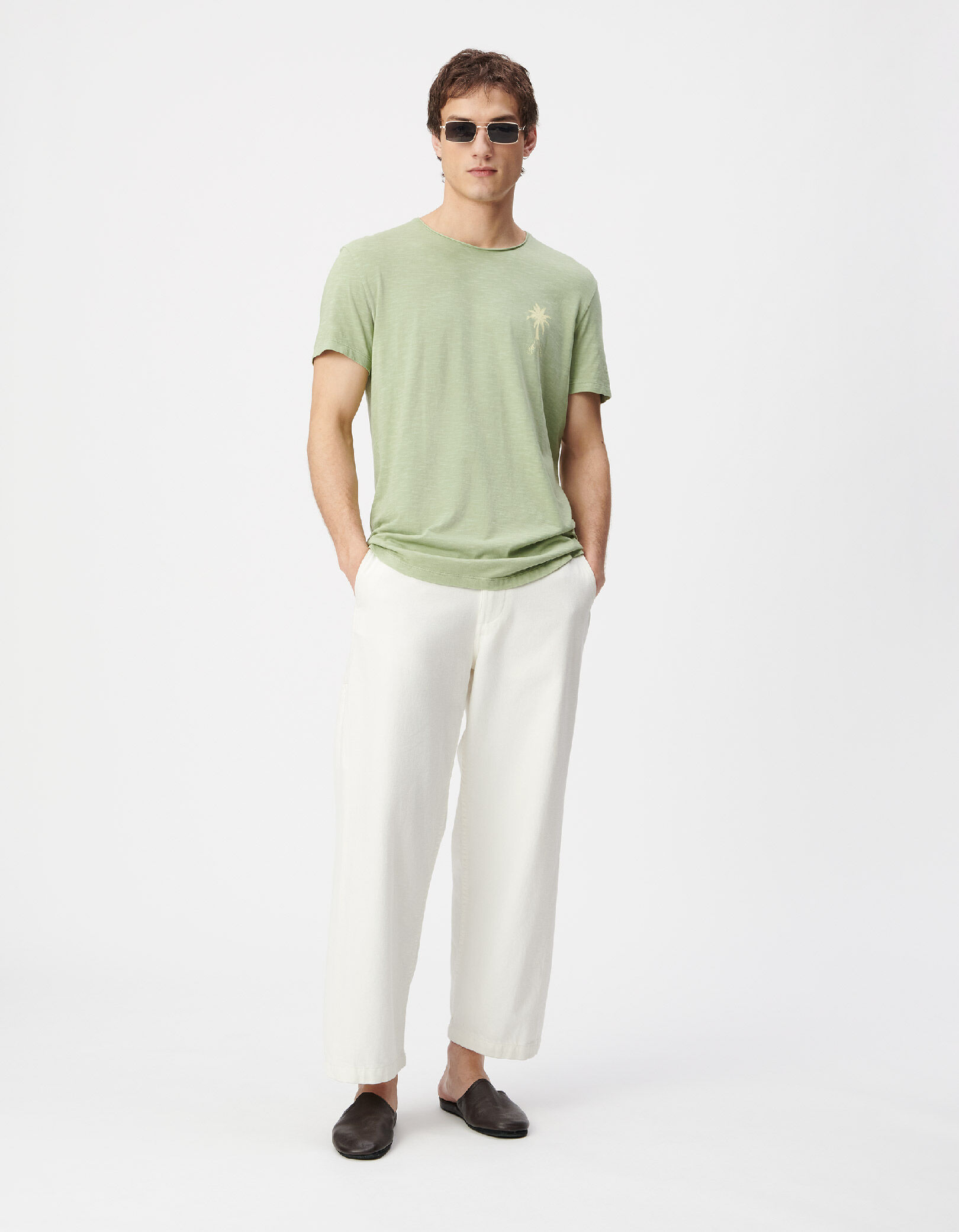 T-shirt col rond vert coton bio visuel palmier Homme