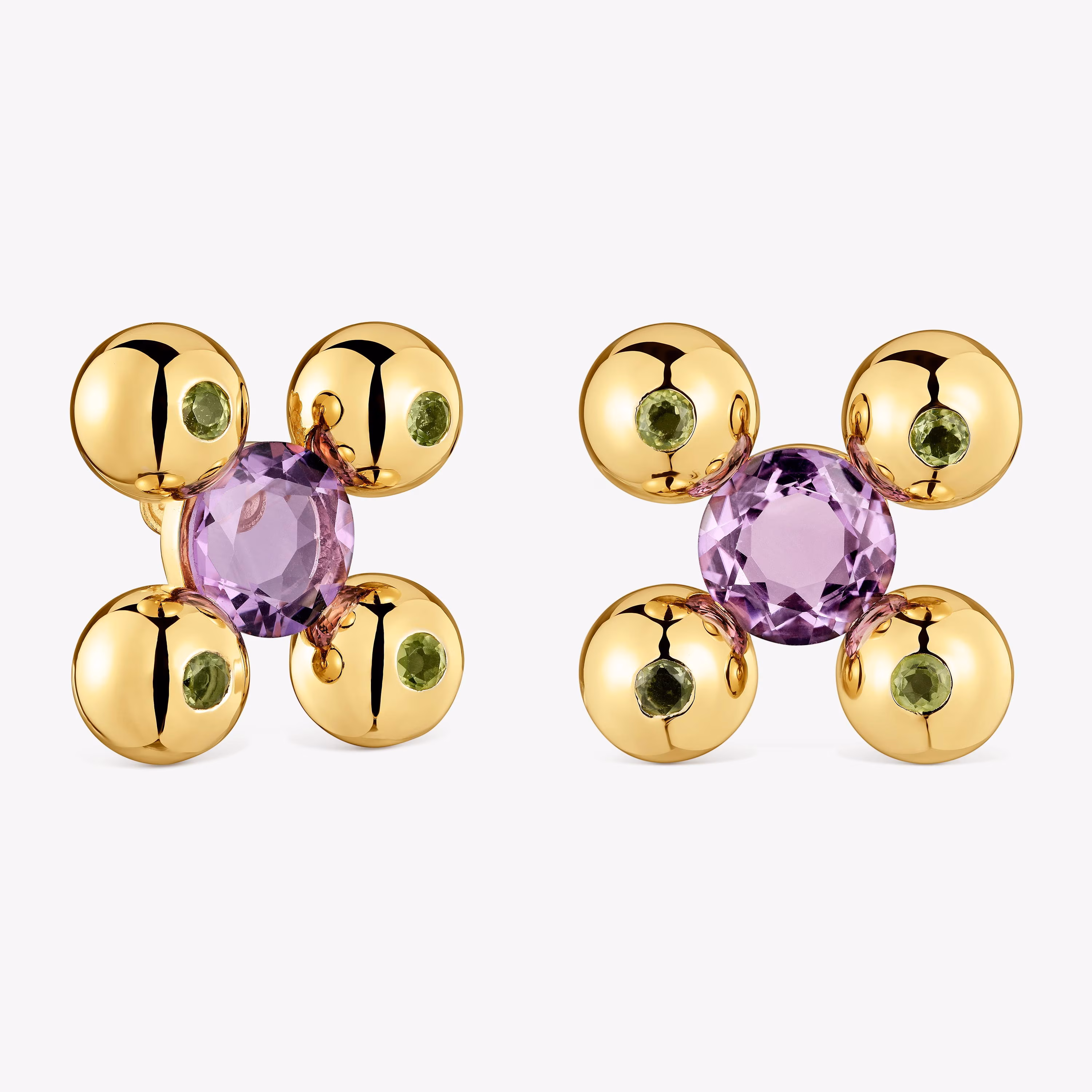 Pendientes cortos con baño de oro 18 kt sobre plata, amatista y peridoto Sugar Party