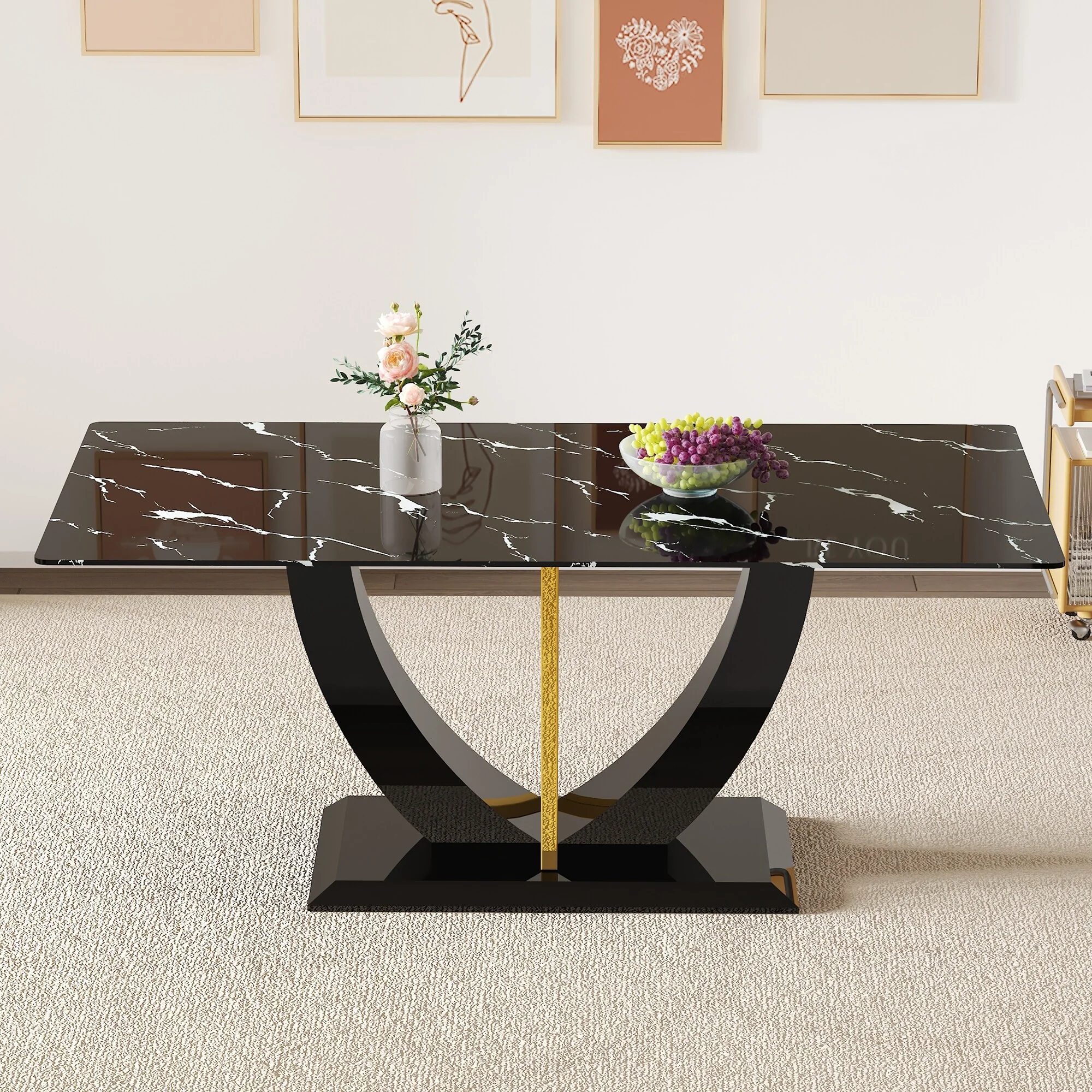Modern minimalist and luxurious black imitation marble texture dining table rectangular office desk. Game desk