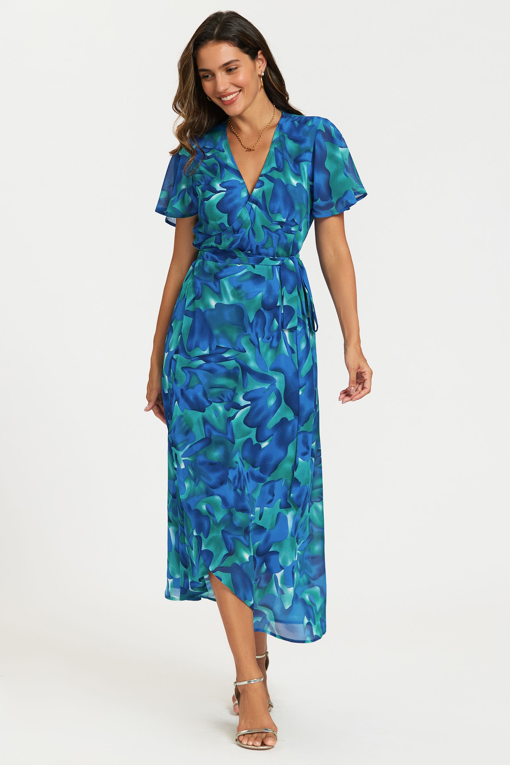FS Collection Abstract Floral Print Wrap Maxi Dress In Blue