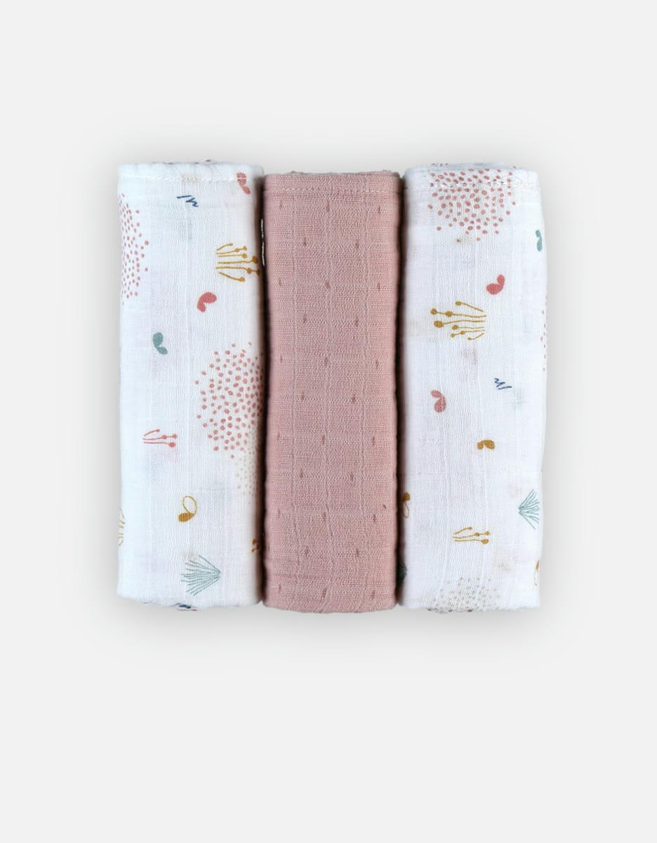 - Set de 3 langes 70 x 70 cm mousseline de coton BIO, écru/rose clair