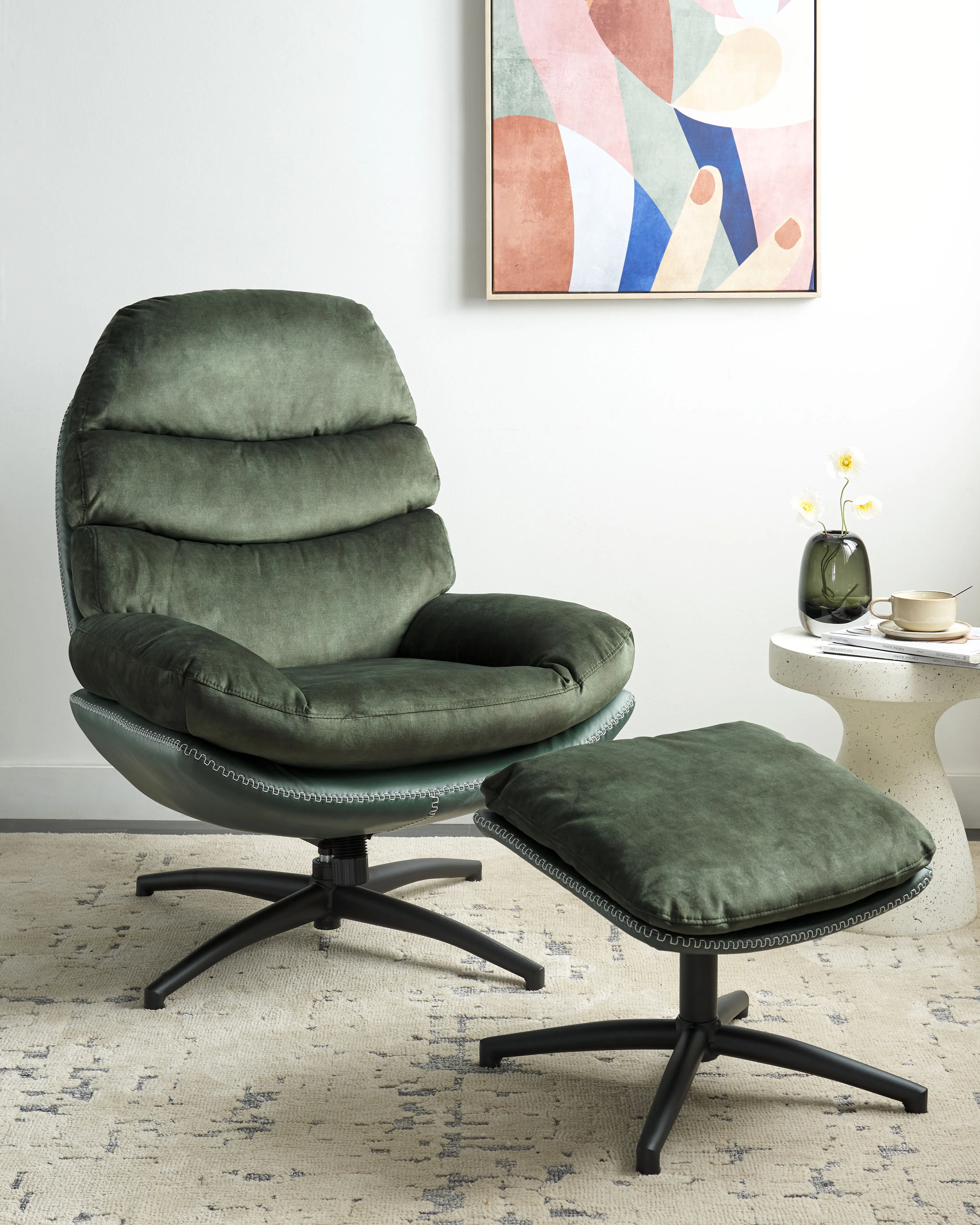 Swivel Armchair EIDE with Footstool Velvet Dark Green