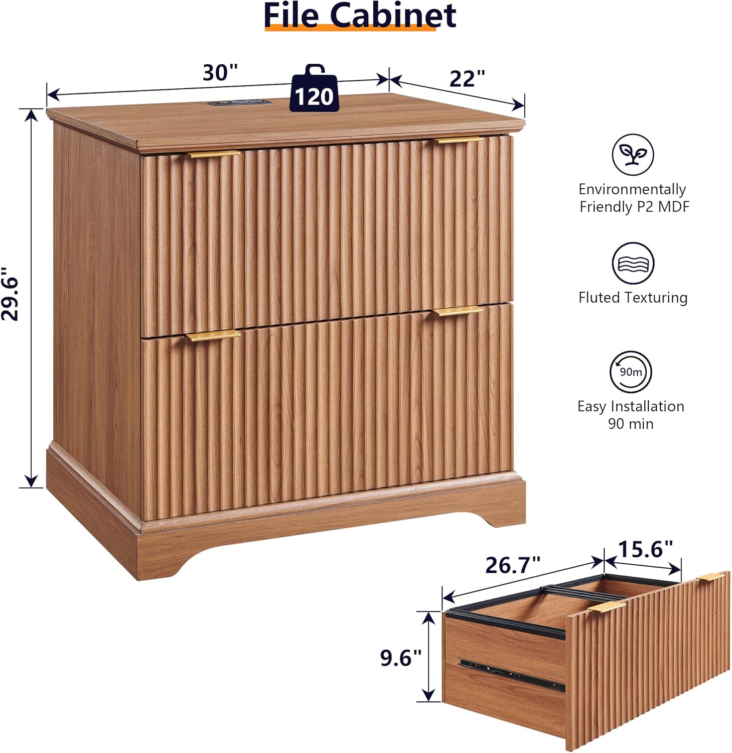 JXQTLINGMU 2 Drawer File Cabinet with Charging Station, 30 Fluted Lateral File Cabinet w/Files Hanging Rod for Letter/Legal/A4, Large Tabletop for Printer, Office Wood Printer Cabinets, Dark Grain