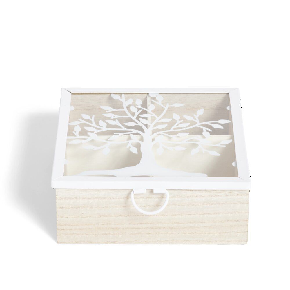 BoÎte bois et métal beige et blanc motif arbre 16x16x6cm
