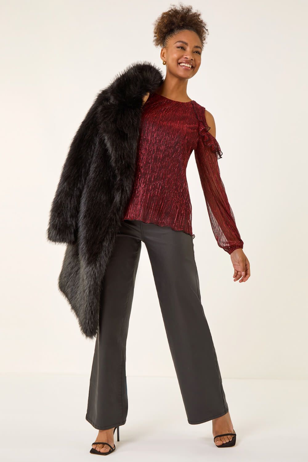 Roman Shimmer Plisse Cold Shoulder Top
