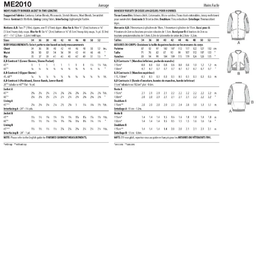 McCall's Pattern ME201 Men's Varsity Bomber Jacket