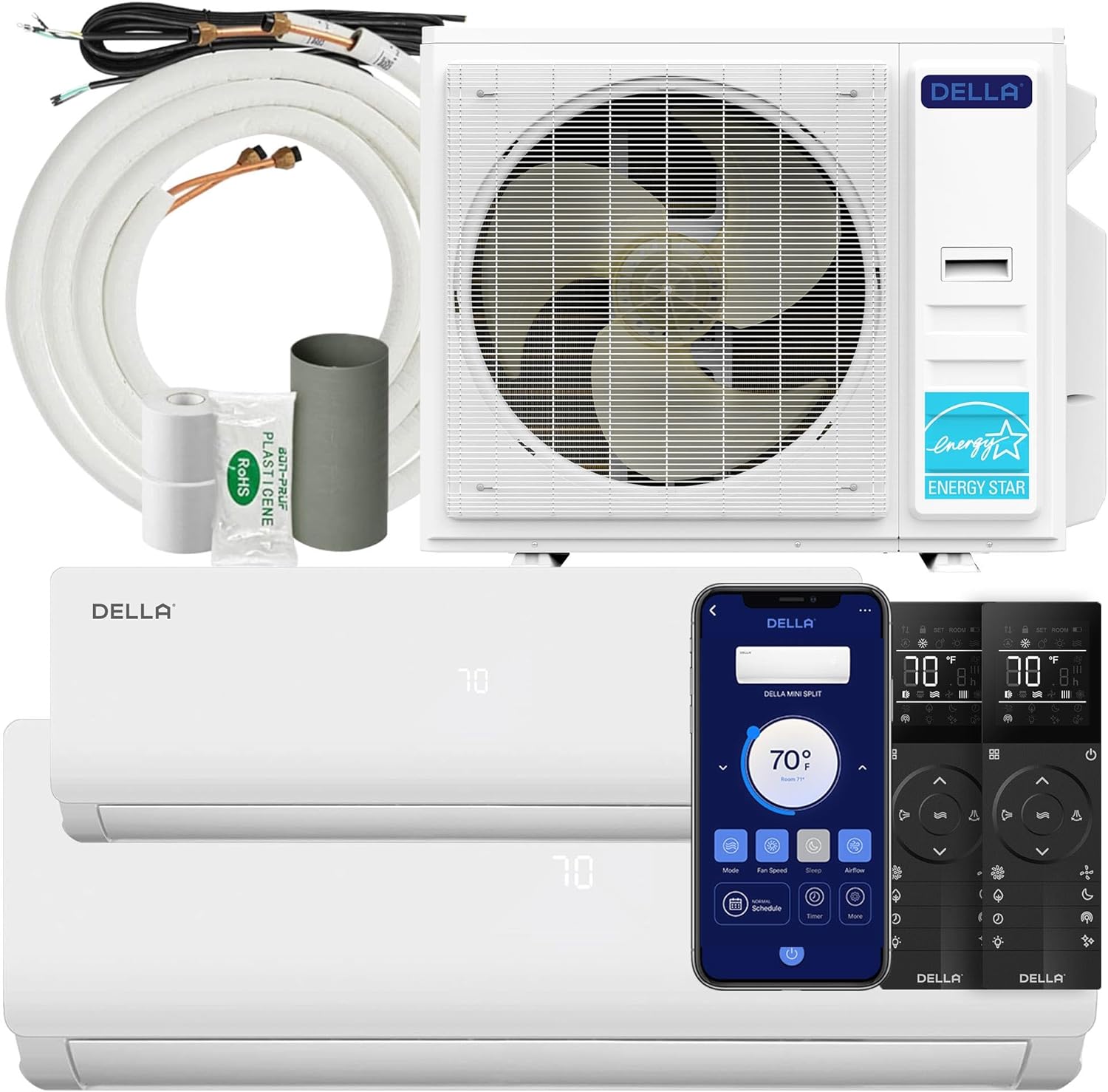 DELLA 35K BTU ODU 19 SEER2, 2 Dual Zone 9000 24000 BTU Mini Split AC, Energy Efficient, Work with Alexa and Wifi, 208-230V Cools Up to 1900 Sq.Ft, Ductless Pre-Charged Heat Pump,16ft Installation Kit