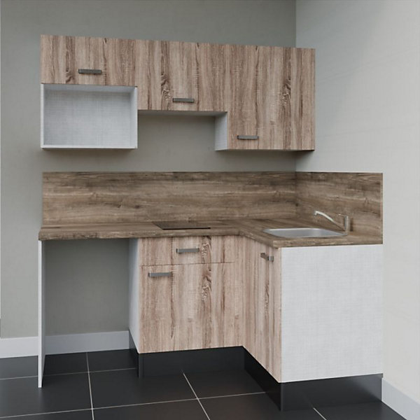 Kitchenette KA03 - 128 cm - Façades : Bois - Plan de travail : Bois - Crédences : Oui - Evier