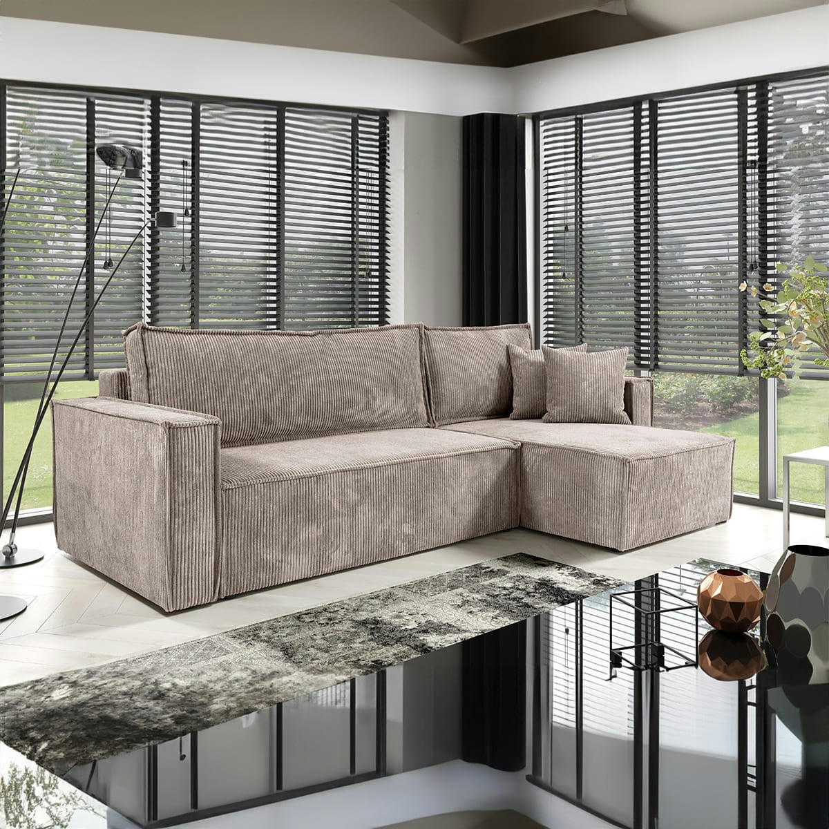 - Canapé d'angle réversible convertible 3 places velours côtelé taupe